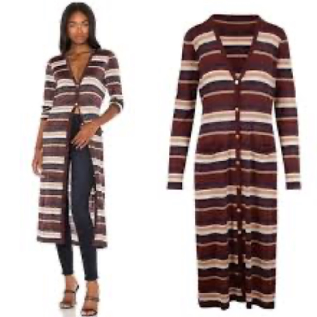 L'agence Stripe Metallic V-Neck Long Sleeve Duster Cardigan Sweater Dress L